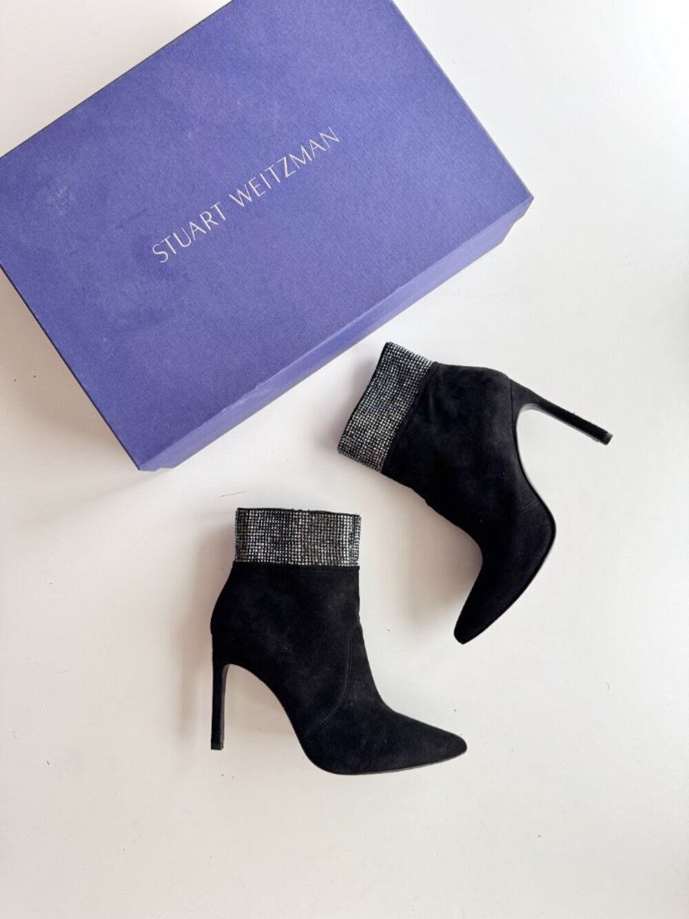 NIB STUART WEITZMAN Highbeams Black Suede Swarovski Crystal Ankle Boots, Size 7